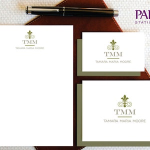 Estacionário personalizado - Papelaria personalizada - Cartões de papelaria e bloco de notas com monograma FLEUR DE LIS - Conjunto de papelaria - MCS006