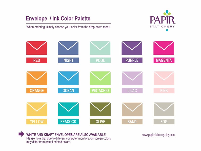 Op de afbeelding: Een kleurenkaart met 15 verschillende envelopkleuren voor briefpapier. De kleuren zijn rood, nacht, zwembad, paars, magenta, oranje, oceaan, pistache, lila, roze, geel, pauw, olijf, zand en mist. De kaart bevat ook de tekst "Envelope / Ink Color Palette" en "PAPIR STATIONERY".