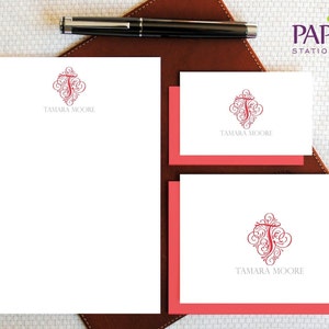 Monogram gepersonaliseerd briefpapier, vintage eerste monogram, gepersonaliseerde notitiekaarten en notitieblokset, vrouwelijke boxed briefpapier cadeauset