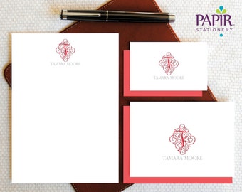 Monogram gepersonaliseerd briefpapier, vintage eerste monogram, gepersonaliseerde notitiekaarten en notitieblokset, vrouwelijke boxed briefpapier cadeauset