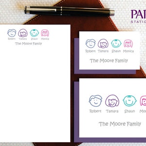 Familie gepersonaliseerde briefpapier set, stationaire set, CARTOON GEZICHTEN gevouwen notitiekaarten en notitieblok, gepersonaliseerde familie briefpapier - FCS005