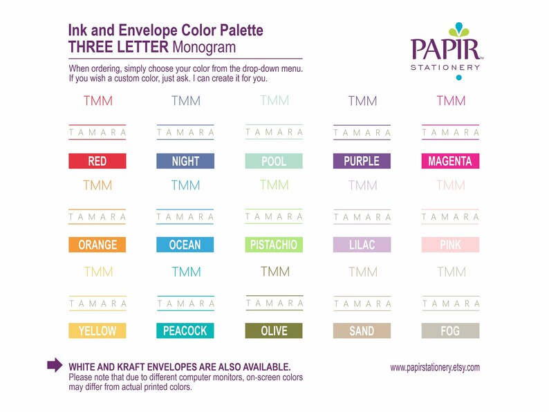 Puede incluir: Una tabla de colores para tinta y sobres para monogramas de tres letras. La tabla muestra 15 opciones de colores diferentes, incluyendo rojo, noche, piscina, morado, magenta, naranja, oc&eacute;ano, pistacho, lila, rosa, amarillo, pavo real, oliva, arena y niebla. La tabla tambi&eacute;n incluye el texto "PAPIR STATIONERY" y una direcci&oacute;n de sitio web.