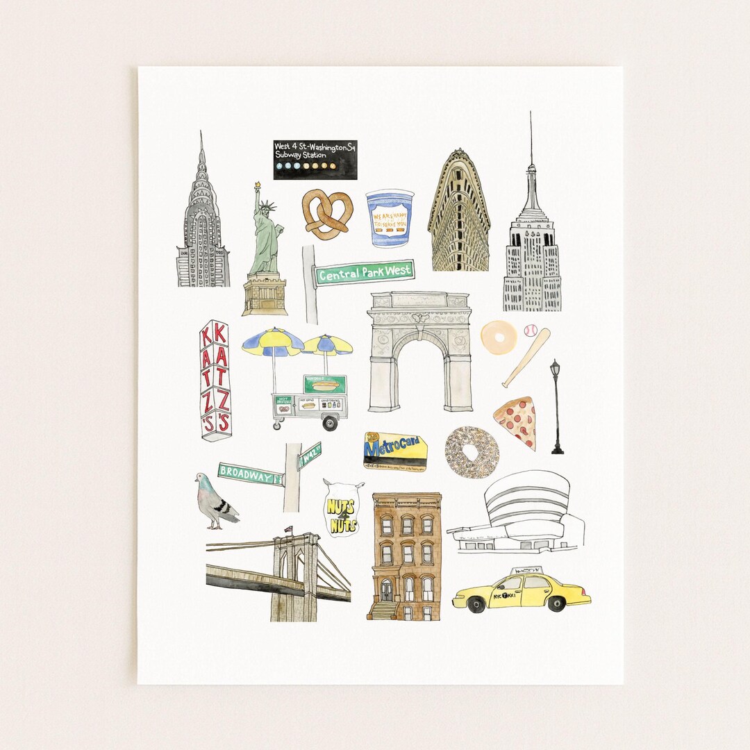New York City Icons Art Print | Watercolor and Ink - Etsy
