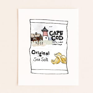 May include: Watercolor illustration of a Cape Cod potato chips bag. The bag features a lighthouse, a house, and the words "Cape Cod" and "Original Sea Salt." A pile of chips is shown at the bottom.