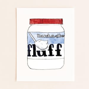 May include: Watercolor illustration of a jar of marshmallow fluff with a red lid. The jar has a blue stripe with the word "marshmallow" and the word "fluff" in large black letters. A spoon scoops out a dollop of fluff.