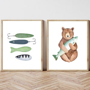 Angeln Kinderzimmer Drucke, Wandkunst, Jungen-Kinderzimmer, lockt, Bär, Fisch, kaminieren, bedruckbar, Dekor, Set 3, Natur, grün, braun, verschickt, physisch,