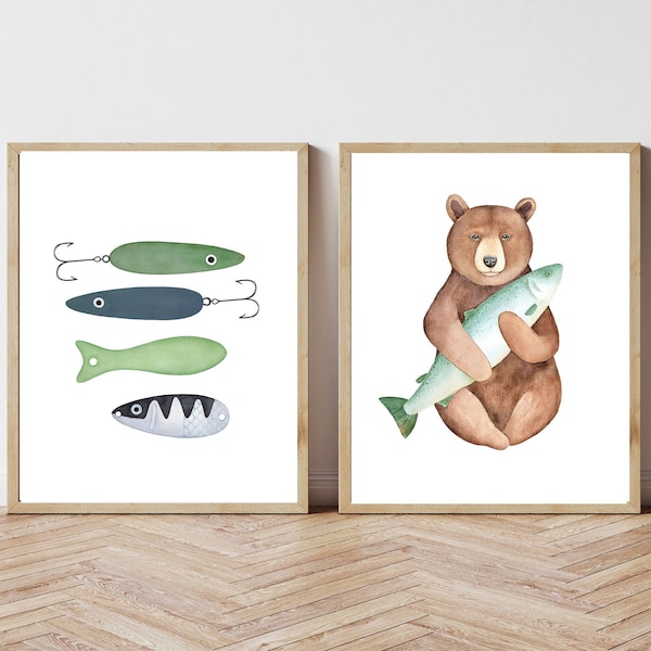 fishing nursery prints, wall art, boy nursery, lures, bear, fish, camping, printable, prints, set, yellow, green, brown, mailed, physical