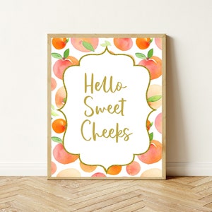 hello sweet cheeks, peaches, peach, nursery decor, bathroom decor, home decor, fruit, wall art, print, printable, download, orange, gold