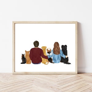 family portrait, pet portrait, backview, drawing, illustration, printable, digital download, dog, behind, wall art, personalized, custom