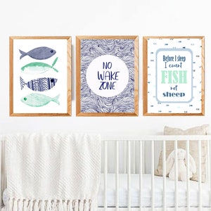 Fisch, Kinderzimmer, Kinderzimmer, 3er Set, keine Wachzone, ich zähle Fische, keine Schafe, download, printable, See, Meer, mint, navy