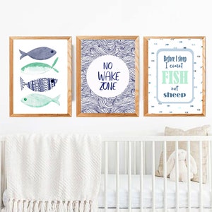 fish, boy nursery, decor, wall art, set of 3, no wake zone, i count fish not sheep, download, printable, lake, ocean,mint, navy