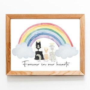 Pet memorial, rainbow illustration, portrait, in memory, dog, cat, animal, keepsake, watercolor, sketch, angel wings, printable, mailed