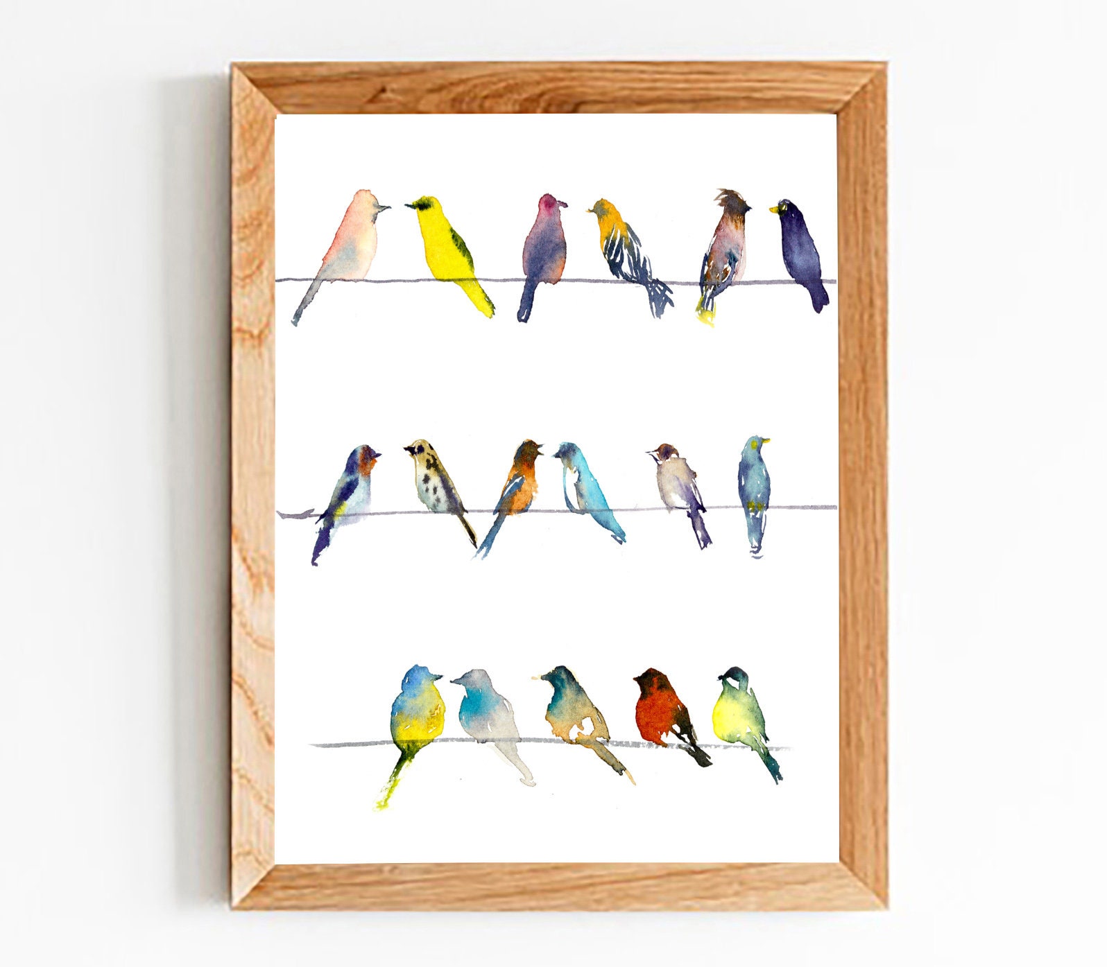 Birds on a Wire Wall Art Print Printable Colorful Etsy