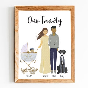 Familieportret, geanimeerd, cartoon, gepersonaliseerd, aangepast, woondecoratie, kunst aan de muur, afdrukken, afdrukbaar, aangepast, huisdier, housewarming cadeau