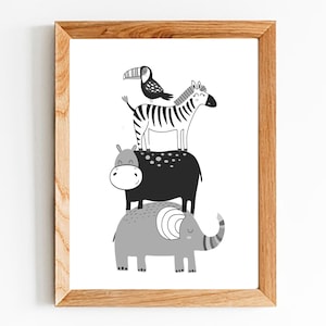 Pode incluir: Ilustração em preto e branco de uma pilha de animais. Uma zebra está em cima de um hipopótamo, que está em cima de um elefante. Um tucano está sentado nas costas da zebra.