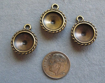 3 Pieces, Antique Brass 12mm Rivoli Mounts, 3 Drops, Fits Swarovski Rivolis. TierraCast, Brass Oxide, Rope Edge