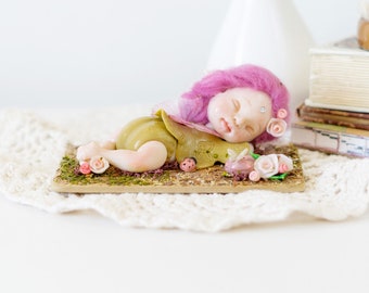 Sleeping Fairy, Hand Sculpted Figurine, handmade fantasy, Fairy Nursery Decor