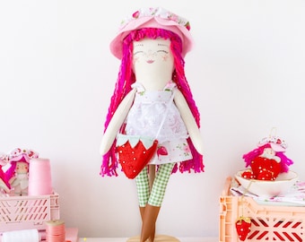 Strawberry Doll, Handmade Cloth doll, doll with dress and hat, Hand embroidered face