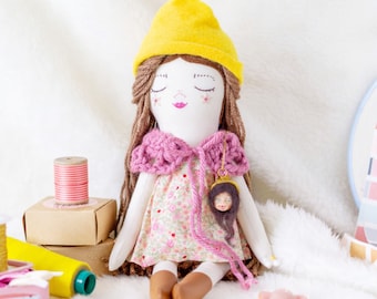 Cloth Doll and Pendant Necklace, Pink Heirloom Toy for Birthday, Handmade Doll and Necklace, Floral Girl Rag Doll, Handcrafted Gift for Girl