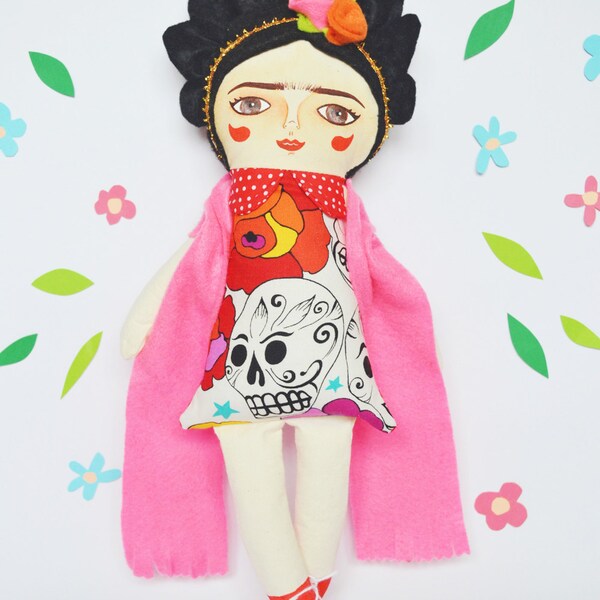 Frida Kahlo doll, cloth doll, Handmade, handpainted, flowers, stuffed toy, Rag Doll, day of the dead