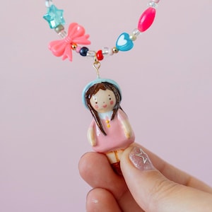 Tiny Girl Pendant Necklace, Beaded Doll Jewelry, Cute Charm Gift, Handmade Kawaii Jewelry for Teens Girls & Kids - Mandarinas Atelier