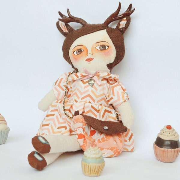 Deer Girl Doll, Reindeer / Cloth doll / Handmade art doll / stuffed doll 15.6 x 5.9 inch, brown and orange