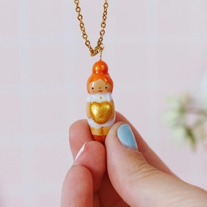 Doll Necklace, Handmade Redhead Pendant, Cold Porcelain Kawaii Charm Jewelry, Whimsical Girl Gift - Mandarinas Atelier