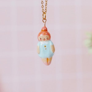 Mini Doll Necklace, Handmade Pink Hair Girl Pendant, Cute Kawaii Gift, Unique Jewelry, Pastel Charm Necklace