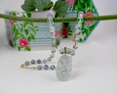 Chinese Astrological Rabbit Sign Grade A Ice Burma Jadeite Hand Carved Pendant Grade AAA Fluorite Gemstone Beads Gold Filled Accoutrements