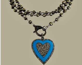 Natural Turquoise Pave Diamond Heart Pendant Necklace