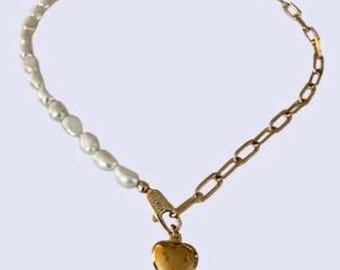 Golden Heart and Pearl Necklace