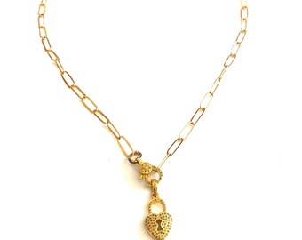 Pave Diamond Heart Lock Charm & Paperclip Chain Necklace