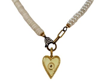 Pave Diamond Heart Pearl Necklace