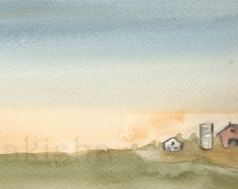 Tiny Farm - Original watercolor landscape painting