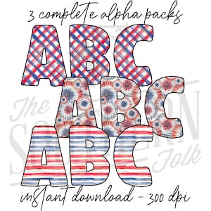 Three Pack Patriotic, Red White Blue Glitter, Alpha Set, Letter Pack, PNG File, Sublimation, Digital Download, Sublimation Designs Downloads