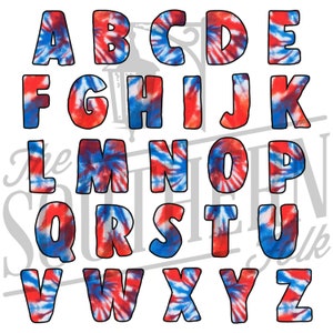 Patriotic Tie Dye Alphabet 26 Letters, PNG File, Sublimation, Digital Download