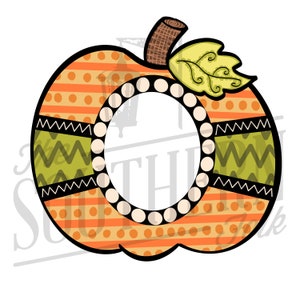 May include: Orange and green pumpkin shaped monogram letter O with a brown stem and a green leaf. The letter is surrounded by white polka dots.