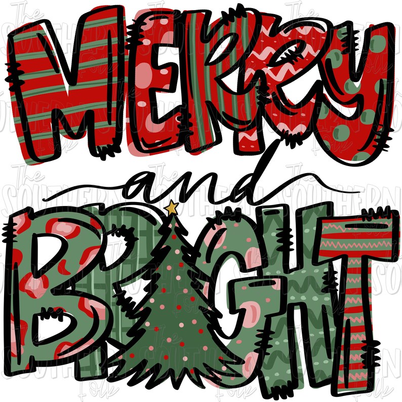 Download Merry And Bright Hand Drawn Sublimation Design PNG File | Etsy