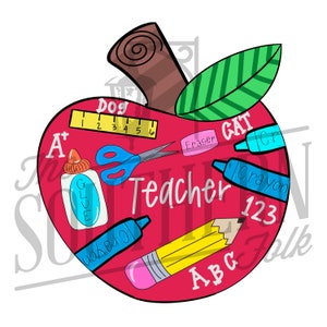 Teacher Apple Design PNG File, Sublimation Design, Digital Download, Hand Drawn
