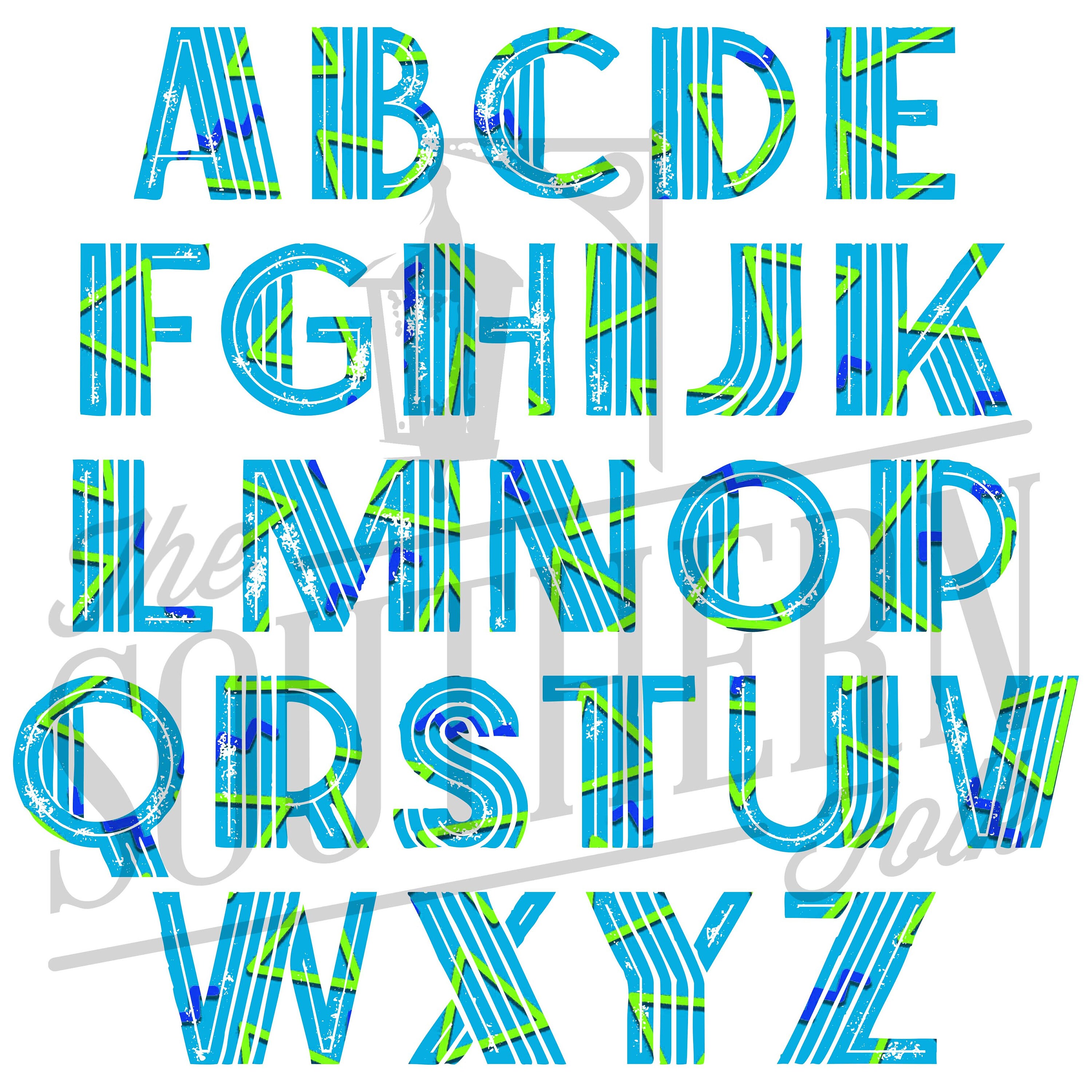 Teal Retro Print Alphabet 26 Letters, PNG File, Sublimation, Digital