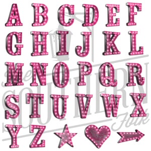May include: A full alphabet of pink marquee letters, a star, a heart, and an arrow. Each letter is outlined in a dark metal and lit with small, bright lights. The letters are in a serif font and are set against a white background.
