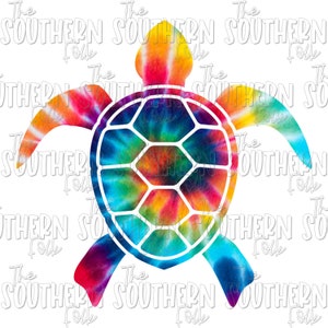 May include: A tie-dye sea turtle with a white outline. The turtle is in a rainbow color scheme with shades of red, orange, yellow, green, blue, and purple.