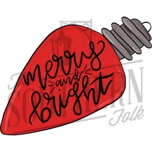 Merry and Bright Christmas Light Sublimation Design, PNG File, Digital Download, Sublimation Designs Downloads, Hand Drawn