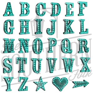 Turquoise Marquee Alphabet 26 Letters 3 Shapes PNG File, Sublimation, Digital Download