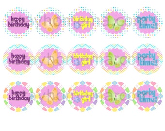 INSTANT DOWNLOAD Happy Birthday Girl Digital File 2in Circle Cupcake Toppers 2 inch butterfly colorful rainbow pink party cake 8.5x11