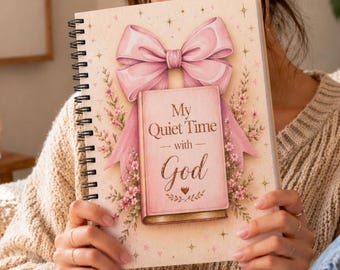 My Quiet Time with God, inclusief personalisatie, cadeau, notitieboek spiraal, geloof, roze bloemenstrik,