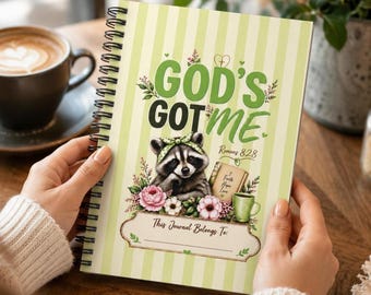 Personalized “God’s Got Me” Christian Notebook, Cute Raccoon Prayer Journal, Romans 8:28 Teen Girl Faith Journal