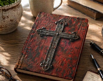 Gotisch kruis, aangepast, dagboek met rode en zwarte achtergrond, cadeau, 128 gelinieerde pagina's, sublimatiedagboek