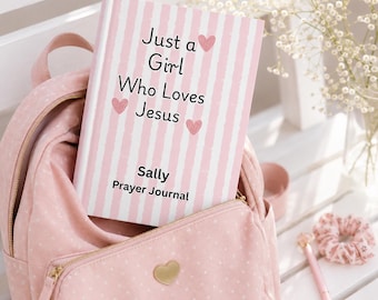 Gepersonaliseerd christelijk dagboek voor meisjes, Just A Girl Who Loves Jesus, roze gestreept geloofscadeau,