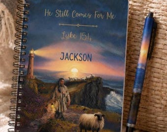Personalized Lighthouse A6 Faith Journal & Pen Set, Coastal Christian Prayer Notebook, Custom Name Bible Verse Gift